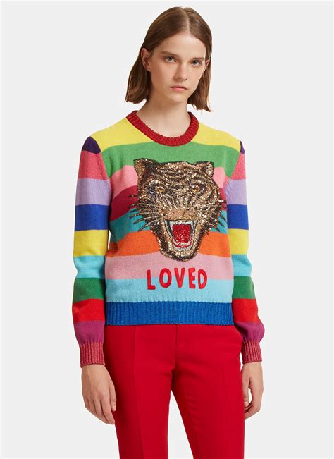 rainbow tiger sweater gucci|GUCCI Appliquéd striped ribbed wool.